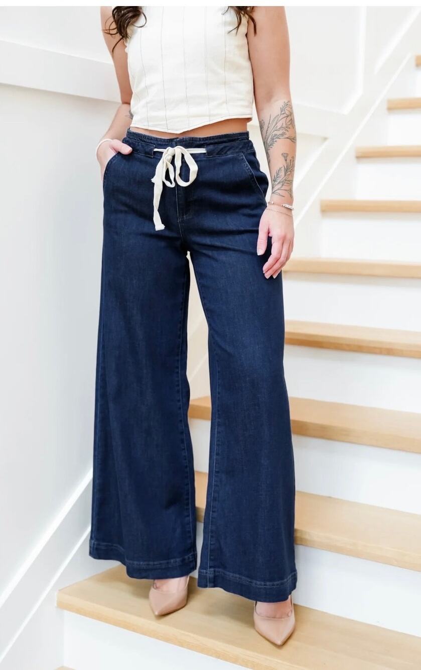 Risen Jeans Mid Rise Dark Wash Wide Leg Pants with Tie Waistband NWT Small $128